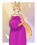  abstract_background anthro big_tail border breasts canid canine chocend cleavage clothed clothing dated diane_foxington digit_ring dreamworks dress eyes_closed female fluffy fluffy_tail fox fur hand_on_stomach hi_res jewelry magenta_dress mammal navel navel_outline necklace orange_body orange_fur outie_navel pregnant pregnant_female ring silver_(metal) silver_jewelry silver_necklace smile solo star tail tan_body tan_fur the_bad_guys watermark wedding_ring white_border 