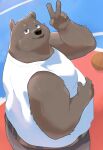  2023 absurd_res anthro ball basketball_(ball) basketball_court bear belly big_belly black_nose blush brown_body clothing en_1_9 hi_res humanoid_hands kemono male mammal overweight overweight_male shirt solo topwear 