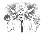  3boys bandaid bandaid_on_face bandaid_on_nose boku_no_hero_academia closed_eyes closed_mouth double_thumbs_up eraser_head_(boku_no_hero_academia) goggles goggles_on_head greyscale hair_between_eyes hand_on_own_chin index_finger_raised loud_cloud male_focus monochrome multiple_boys necktie open_mouth present_mic rnuyvm school_uniform short_hair short_sleeves teeth thumbs_up tinted_eyewear 