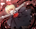  1girl absurdres ascot black_dress blonde_hair darkness dress hair_ribbon highres kinese_(katasutorohu) long_sleeves looking_at_viewer open_mouth outstretched_arms red_ascot red_background red_eyes red_ribbon ribbon rumia short_hair solo touhou 