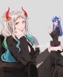  archived_source bad_id bad_twitter_id blue_hair blunt_bangs couch earrings green_hair grey_background hair_ornament hand_on_own_face horns jewelry light_smile long_hair looking_at_viewer middle_finger multicolored_hair necktie on_couch one_piece pink_eyes pink_hair profile red_horns short_bangs sidelocks sitting streaked_hair suit ulti_(one_piece) white_hair yamato_(one_piece) yellow_eyes 