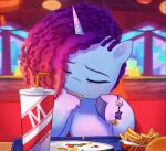  bracelet container cup equid equine eyes_closed female food fries gradient_hair hair hasbro hi_res hooves horn jewelry mammal marenlicious meme misty_(g5) mlp_g5 my_little_pony plate purple_hair reference_image straw unicorn 