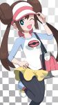  1girl ;d aqua_eyes bag black_pantyhose bow bright_pupils brown_hair checkered_background commentary double_bun doughnut_hair_bun hair_bun hand_on_headwear hand_on_own_hip handbag happy highres jiffy0v0 leg_up one_eye_closed open_mouth pantyhose pantyhose_under_shorts pink_bow pokemon pokemon_(game) pokemon_bw2 raglan_sleeves rosa_(pokemon) shoes short_shorts shorts smile sneakers solo twintails visor_cap watermark white_pupils yellow_shorts 