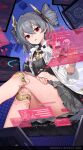  1girl :o asymmetrical_clothes bare_legs breasts censored covered_navel crossed_legs drill_hair drill_locks earrings feet_out_of_frame grey_hair grey_shirt hair_between_eyes hand_on_own_thigh highres holographic_keyboard holographic_monitor honkai_(series) honkai_impact_3rd jacket jewelry joints looking_at_screen medium_hair midriff monitor necklace official_art official_wallpaper open_clothes open_jacket prometheus_(honkai_impact) red_eyes robot_joints screen shirt sitting small_breasts solo white_jacket white_sleeves 