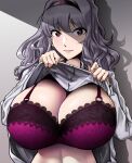  1girl bra breasts cleavage clothes_lift commentary_request grey_hair hairband highres huge_breasts idolmaster kumako_(kumakonoh) lace lace-trimmed_bra lace_trim lifted_by_self light_smile lingerie long_hair looking_at_viewer purple_bra purple_eyes purple_hairband shijou_takane shirt shirt_lift solo underwear upper_body white_shirt 