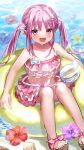  1girl absurdres blush buoy double_bun hair_bun heaven_burns_red highres kunimi_tama long_hair looking_at_viewer pink_eyes pink_hair pool sake_(utopia_modoki) skirt smile solo swimsuit 