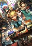  black_hair blonde_hair blue_eyes book bookshelf character_name envelope geetgeet gender_request green_hair headband headdress holding holding_book lantern library open_mouth pink_wings quill rabbit scroll smile theo_fumis toshokan_no_daimajutsushi wings writing 