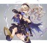  1girl armor armpits black_gloves black_hairband black_panties blue_cape breasts cape cleavage corrin_(female)_(fire_emblem) corrin_(fire_emblem) cropped_legs dragonstone fire_emblem fire_emblem_fates fire_emblem_heroes gloves grey_background grey_hair hair_between_eyes hair_ornament hairband highres karashino large_breasts long_hair looking_to_the_side official_alternate_costume panties pointy_ears red_eyes simple_background solo thighhighs torn_clothes torn_thighhighs twitter_username underwear 