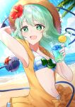  1girl :d absurdres arm_behind_head arm_up beach bikini blue_sky breasts bright_pupils brown_headwear cleavage cloud commentary_request cup drinking_glass flower green_eyes green_hair hair_flower hair_ornament hat highres holding holding_cup komeiji_koishi komeiji_koishi_(the_excited_eyes_of_love) light_particles looking_at_viewer medium_hair nano_popo02 navel open_clothes open_mouth outdoors palm_tree plaid plaid_bikini red_flower sky smile solo starfish straw_hat swimsuit third_eye touhou touhou_lost_word tree upper_body white_bikini white_pupils 