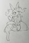  absurd_res anthro big_butt biped bodily_fluids box_(hajimeyou654) braixen butt cellphone crossed_legs cum dipstick_tail disembodied_penis ejaculation exclamation_point female generation_6_pokemon genital_fluids genitals handjob hi_res holding_object holding_phone inner_ear_fluff interspecies line_art looking_at_genitalia looking_at_penis male markings nintendo penile penis phone pokemon pokemon_(species) pokephilia sex simple_background sitting smartphone stick stroking_penis surprise tail tail_markings thick_thighs traditional_media_(artwork) tuft 