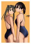 4girls ass black_hair blue_one-piece_swimsuit breasts brown_eyes commentary_request cowboy_shot flat_chest grey_hair highres kaga_(kancolle) kantai_collection long_hair looking_at_viewer looking_back medium_breasts multiple_girls one-piece_swimsuit orange_background ryuujou_(kancolle) side_ponytail standing swimsuit taihou_(kancolle) timmyyen twintails yellow_eyes zuikaku_(kancolle) 