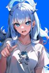  1girl alternate_costume blue_background blue_eyes blue_hair breasts bright_pupils collarbone eyelashes hololive hololive_indonesia indonesian_commentary ivanov_aart kobo_kanaeru light_blue_hair long_hair looking_at_viewer medium_breasts multicolored_hair open_mouth pointing pointing_at_viewer shirt short_sleeves simple_background solo t-shirt two-tone_hair upper_body virtual_youtuber white_hair white_pupils white_shirt 