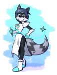  anthro armwear blue_hair blush blush_stickers boots cheek_tuft clothed clothing cosplay deltarune dress elbow_gloves eyes_closed facial_tuft female footwear glistening gloves hair handwear hi_res holding_object holding_whip machine mammal markings procyonid r.a.m._(rafvicalv) raccoon rafvicalv ring_(marking) ringtail robot screen screen_face shoes simple_background smile solo tail tail_markings tasque_manager tuft undertale_(series) whip white_clothing white_dress 