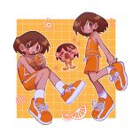  &gt;_&lt; 1boy ball basketball_(object) blush_stickers border brown_eyes brown_hair can chibi commentary double_thumbs_up fingernails food fruit hair_between_eyes highres holding holding_ball holding_can kel_(omori) male_focus omori open_mouth orange_(fruit) orange_footwear orange_shorts orange_slice orange_tank_top shoes short_hair shorts sneakers socks soda_can tan tank_top thumbs_up white_border white_socks yappari 