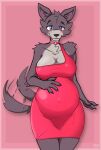 2023 4_fingers anthro artist_logo artist_name beastars big_breasts blue_eyes blush border breasts brown_body brown_fur brown_nose canid canine canis chest_tuft choker cleavage clothed clothing colored digital_media_(artwork) dima_(artist) dress female fingers fur hand_on_stomach hi_res humanoid_hands jewelry juno_(beastars) logo looking_at_viewer mammal multicolored_body multicolored_fur navel navel_outline necklace outie_navel pink_border portrait pregnant shaded simple_background single_strap_clothing smile solo standing tail tail_motion tailwag tan_body tan_fur thigh_gap three-quarter_portrait tight_clothing tight_dress tuft two_tone_body two_tone_fur wide_hips wolf 