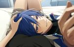  1boy 1girl bed black_shirt blue_eyes blue_hair blush breasts commentary female_pov hair_between_eyes hand_on_another&#039;s_head kaito_(vocaloid) kaito_(vocaloid3) looking_at_another looking_at_viewer lying_on_lap male_focus master_(vocaloid) medium_breasts nokuhashi pov reaching reaching_towards_viewer shirt short_hair shorts sitting smile vocaloid 