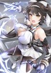  1girl azur_lane bare_shoulders black_hair bow breasts cleavage cleavage_cutout clothing_cutout elbow_gloves electricity extra_ears gloves green_eyes gudon_(iukhzl) hair_bow hair_ears hair_flaps highres holding holding_sheath holding_sword holding_weapon katana large_breasts long_hair manjuu_(azur_lane) official_alternate_costume open_mouth ponytail ribbon sheath skirt sleeveless sword takao_(azur_lane) takao_(divine_exorcist&#039;s_blade)_(azur_lane) weapon white_bow white_ribbon white_skirt 