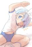  1girl :o arms_up arona_(blue_archive) asymmetrical_bangs blue_archive blue_buruma blue_eyes blue_hair buruma chestnut_mouth female_child gym_shirt hair_between_eyes hairband ham_(points) highres light_blue_hair multicolored_hair navel notice_lines open_mouth red_hair ribbon shirt short_hair short_sleeves simple_background single_horizontal_stripe sitting socks solo two-tone_hair white_background white_hairband white_ribbon white_shirt white_socks 