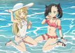  2girls :d arm_support bikini black_choker black_hair black_nails blonde_hair blunt_bangs bracelet braid breasts bridal_garter choker cleavage collarbone commentary commission day frills green_eyes hand_up hat highres jewelry lillie_(pokemon) long_hair marnie_(pokemon) multiple_girls nail_polish one-piece_swimsuit open_mouth outdoors pokemon pokemon_(game) pokemon_sm pokemon_swsh sandals sitting smile suitenan swimsuit toes twin_braids twintails water white_headwear white_one-piece_swimsuit 