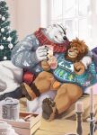  2022 anthro arm_around_shoulders barazoku barefoot bear beverage bulge christmas christmas_clothing christmas_sweater christmas_topwear christmas_tree clothing cuddling detailed_background duo eggnog epic_games eye_patch eyewear feet feet_up felid fortnite hi_res holding_beverage holding_object holidays inside kemono larger_male lion looking_at_another male male/male mammal overweight overweight_male pantherine pantsless plant polar_bear polar_patroller romantic romantic_couple ross_(rossciaco) scarf sitting size_difference smaller_male st.boogie sweater topwear tree underwear ursine 