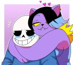  &lt;3 2021 animated_skeleton anthro bedroom_eyes biped black_hair black_sclera blue_border blue_clothing blue_highlights blue_hoodie blue_topwear blush bodily_fluids bone border breasts catty_(undertale) clothing digital_drawing_(artwork) digital_media_(artwork) domestic_cat duo ear_piercing ear_ring embrace fangs felid feline felis female hair highlights_(coloring) hoodie hug hugging_from_behind humanoid itanatsu-chan looking_at_another looking_at_partner looking_away male male/female mammal narrowed_eyes outline overalls piercing pupils purple_background ring_piercing romantic romantic_couple sans_(undertale) seductive shy signature simple_background skeleton slit_pupils smile sweat sweatdrop teeth topwear undead undertale undertale_(series) white_border white_eyes white_outline yellow_sclera 