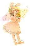  1girl animal_ears barefoot black_eyes blue_daisy bouquet brown_hair carrot_necklace curly_hair dandelion dress flower full_body holding holding_bouquet inaba_tewi jewelry medium_hair necklace open_mouth pink_dress puffy_short_sleeves puffy_sleeves rabbit_ears rabbit_girl ribbon-trimmed_dress short_sleeves sketch smile solo touhou yellow_flower 