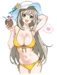  1girl absurdres aqua_ribbon arm_behind_head arm_up armpits bikini blue_archive blush breasts cleavage coconut collarbone cowboy_shot dot_nose drink drinking_straw flower front-tie_bikini_top front-tie_top green_eyes grey_hair hat hat_flower hat_ribbon heart highres holding holding_drink large_breasts long_hair looking_at_viewer navel nonomi_(blue_archive) open_mouth parabi ribbon side-tie_bikini_bottom sidelocks simple_background solo spoken_heart sun_hat swimsuit white_background white_headwear yellow_bikini 