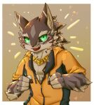  2023 4_fingers anthro black_sclera bokuhabokudayot canid canine canis clothing ear_piercing fingers fur gold_(metal) gold_jewelry green_eyes hi_res jackal jacket jewelry lifewonders looking_at_viewer male mammal necklace open_mouth piercing seth_(tas) smile solo tokyo_afterschool_summoners topwear 