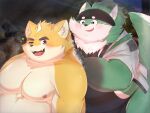  2023 anthro belly big_belly black_nose blush canid canine canis daiwahouse0105 domestic_dog duo green_body hi_res kemono male mammal moobs musashi_(tamacolle) nipples one_eye_closed overweight overweight_male shinosuke tamacolle wink 