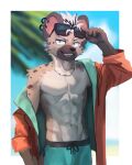  abs absurd_res anthro athletic athletic_male clothed clothing ear_piercing eyewear hi_res hyena male mammal manadezimon open_clothing open_shirt open_topwear pecs piercing shirt solo sunglasses swimming_trunks swimwear topwear 