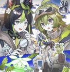  1boy 1girl absurdres animal_ear_fluff animal_ears aranara_(genshin_impact) black_hair blunt_ends bob_cut collei_(genshin_impact) collei_(kiehls&#039;)_(genshin_impact) eyewear_on_head fox_boy fox_ears genshin_impact gloves green_eyes green_hair grey_hood grey_jacket hair_ornament highres holding holding_lantern holding_magnifying_glass hood hood_down jacket lantern leaf_hair_ornament light_green_hair long_sleeves looking_at_viewer magnifying_glass multicolored_hair official_alternate_costume open_mouth purple_eyes short_hair streaked_hair tighnari_(genshin_impact) tighnari_(kiehls&#039;)_(genshin_impact) white_gloves 