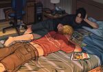  2boys alternate_costume bara bedroom black_hair blonde_hair blush couple cris_art feet_out_of_frame hulkling lying magazine_(object) male_focus marvel midriff_peek multiple_boys on_stomach playing_with_another&#039;s_hair red_shirt shirt short_hair shorts wiccan yaoi 