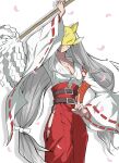  1girl belt breasts cleavage digimon digimon_(creature) dk_(13855103534) fox_mask grey_hair highres japanese_clothes long_hair mask miko sakuyamon sakuyamon:_miko_mode simple_background solo talisman white_background 