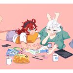  2girls :d ahoge bag_of_chips black_hairband blue_eyes book cellphone coffee coffee_mug collarbone crossed_ankles cup dress drink feet_up green_dress grey_eyes grey_shorts gundam gundam_suisei_no_majo hair_between_eyes hairband hand_on_own_cheek hand_on_own_face head_rest highres letterboxed long_hair lying magazine_(object) mechanical_pencil miorine_rembran mug multiple_girls on_stomach open_book open_mouth pencil phone pillow pink_background reading red_hair shirt shorts sidelocks simple_background smartphone smile suletta_mercury tablet_pc watameki_(pixiv_33969409) white_hair white_shirt 