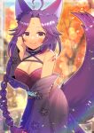  1girl ahoge animal_ear_fluff animal_ears bare_shoulders black_choker black_dress blurry blurry_background braid breasts brown_eyes choker cleavage closed_mouth collarbone commentary_request commission depth_of_field dress forehead kou_hiyoyo large_breasts long_hair long_sleeves obi original purple_hair sash single_braid skeb_commission smile solo tail tree very_long_hair wide_sleeves 