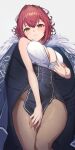  1girl bare_shoulders blush breasts coat fur-trimmed_coat fur_trim heterochromia high-waist_skirt highres hololive houshou_marine large_breasts looking_at_viewer pantyhose parted_lips red_eyes red_hair reulem shirt short_hair skirt sleeveless sleeveless_shirt solo virtual_youtuber yellow_eyes 