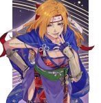  1girl 91007 arm_guards blonde_hair blue_eyes blue_scarf breasts cleavage fire_emblem fire_emblem:_radiant_dawn fire_emblem_heroes hand_on_own_hip heather_(fire_emblem) heather_(ninja)_(fire_emblem) japanese_clothes large_breasts long_hair lower_teeth_only ninja official_alternate_costume scarf solo teeth 