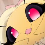  antennae_(anatomy) anthro arthropod bee black_sclera blep blossom_(thousandfoldfeathers) bow_ribbon female hi_res hymenopteran insect looking_at_viewer mandibles red_eyes solo thousandfoldfeathers tongue tongue_out yellow_body 