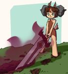  anthro aura azur746 bodily_fluids bovid brown_body brown_fur brown_hair caprine cursed_object ears_up fur goat green_eyes hair holding_object holding_sword holding_weapon horn male mammal melee_weapon raised_tail solo struggling sweat sweatdrop sword tail weapon 
