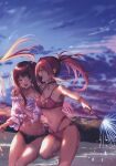  2girls absurdres bare_shoulders bikini blurry blurry_background bracelet breasts choker closed_mouth cloud cloudy_sky collarbone gradient_sky hair_ornament hanikami_kanojo highres holding jewelry leg_up long_hair medium_breasts multiple_girls myouga_satsuki navel one_eye_closed open_mouth outdoors piromizu ponytail scan shore simple_background sky smile stomach swimsuit thighs water water_drop wet wet_hair x_hair_ornament 