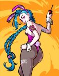 1girl ass bare_shoulders blue_hair blushyspicy braid highres holding jinx_(league_of_legends) league_of_legends long_hair looking_at_viewer looking_back smile solo tattoo twin_braids twintails weapon 