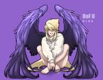  1girl barefoot blonde_hair breath_of_fire breath_of_fire_ii feathered_wings feet full_body green_eyes hi-3 highres long_hair looking_at_viewer nail_polish nina_(breath_of_fire_ii) purple_wings signature simple_background smile solo sweater wings 