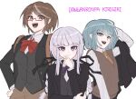  3girls :d black_jacket black_ribbon black_vest bow bowtie braid brown_hair brown_pants brown_vest collared_shirt danganronpa_(series) danganronpa_kirigiri glasses hair_ribbon highres jacket kirigiri_kyoko licorne_(danganronpa) long_hair long_sleeves maem_(77lrik) multicolored_hair multiple_girls necktie open_clothes open_jacket open_mouth orange_necktie pants red-framed_eyewear red_bow red_bowtie ribbon samidare_yui semi-rimless_eyewear shirt short_hair smile teeth twin_braids two-tone_hair unworn_jacket vest white_shirt 