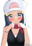  1girl absurdres beanie black_shirt blue_eyes blush bracelet character_name closed_mouth crying dawn_(pokemon) eyelashes hair_ornament hairclip hands_up hat highres hikari_(knuckles97) jewelry long_hair looking_at_viewer pink_scarf pokemon pokemon_(anime) pokemon_dppt_(anime) raised_eyebrows scarf shirt sidelocks sleeveless sleeveless_shirt solo tears upper_body white_headwear 