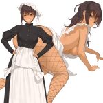  1girl absurdres all_fours apron bonnet braid breasts brown_eyes brown_hair dark_skin fishnets french_braid hands_on_own_hips hanging_breasts highres long_hair looking_at_viewer looking_back maid naked_apron original puffy_sleeves smile solo throtem white_background 
