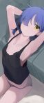  1girl armpits arms_behind_head black_tank_top blush bocchi_the_rock! breasts cleavage closed_mouth commentary_request eyes_visible_through_hair grey_panties hair_over_one_eye highres hiroki_(yyqw7151) looking_at_viewer mole mole_under_eye panties sitting small_breasts smile solo tank_top underwear yamada_ryo yellow_eyes 