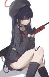  1girl beret black_choker black_headwear black_sailor_collar black_serafuku black_skirt blue_archive choker gun hair_over_eyes halo hat highres justice_task_force_member_(blue_archive) kkurovo long_bangs long_hair looking_at_viewer neckerchief on_ground panties red_eyes red_halo red_neckerchief sailor_collar school_uniform serafuku simple_background skirt solo underwear weapon white_background white_panties 