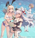  3girls amatsukaze_(kancolle) artist_name bikini black_one-piece_swimsuit black_scrunchie blonde_hair blush brown_eyes brown_hair collarbone commentary_request dated dress food grey_hair grin hair_between_eyes hair_tubes highres himeyamato holding holding_food kantai_collection long_hair multiple_girls one-piece_swimsuit open_mouth popsicle rensouhou-chan scrunchie shimakaze_(kancolle) short_hair signature smile swimsuit thigh_strap two_side_up white_bikini white_dress wrist_scrunchie yellow_eyes yukikaze_(kancolle) yukikaze_kai_ni_(kancolle) 