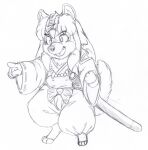  anthro asian_clothing biped canid canine canis clothing domestic_dog east_asian_clothing hi_res inuyasha inuyasha_(inuyasha) japanese_clothing katana kitsune_youkai leaf_on_head male mammal melee_weapon miko_outfit open_mouth solo standing sword weapon 