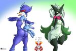  anthro anus balls blue_body blue_eyes breasts butt duo female feral fours_(artist) generation_9_pokemon genitals girly green_body hands_behind_head hi_res male meowscarada nintendo penis pokemon pokemon_(species) pose purple_eyes pussy quaquaval skeledirge small_breasts wide_hips 